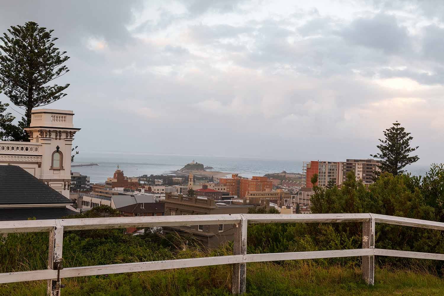 View from The Obelisk overlooking Nobbys Headland, Newcastle city and the Pacific Ocean in NSW.