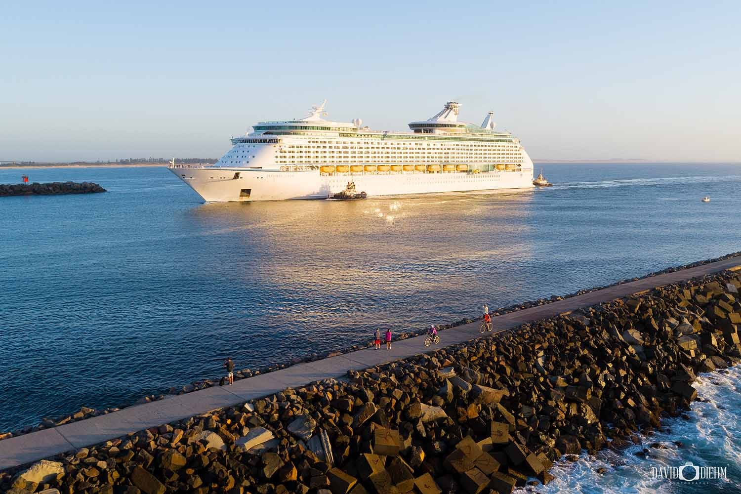 Cruise ship entering Newcastle Harbour viewed from Nobbys Breakwall Walk in Newcastle NSW
