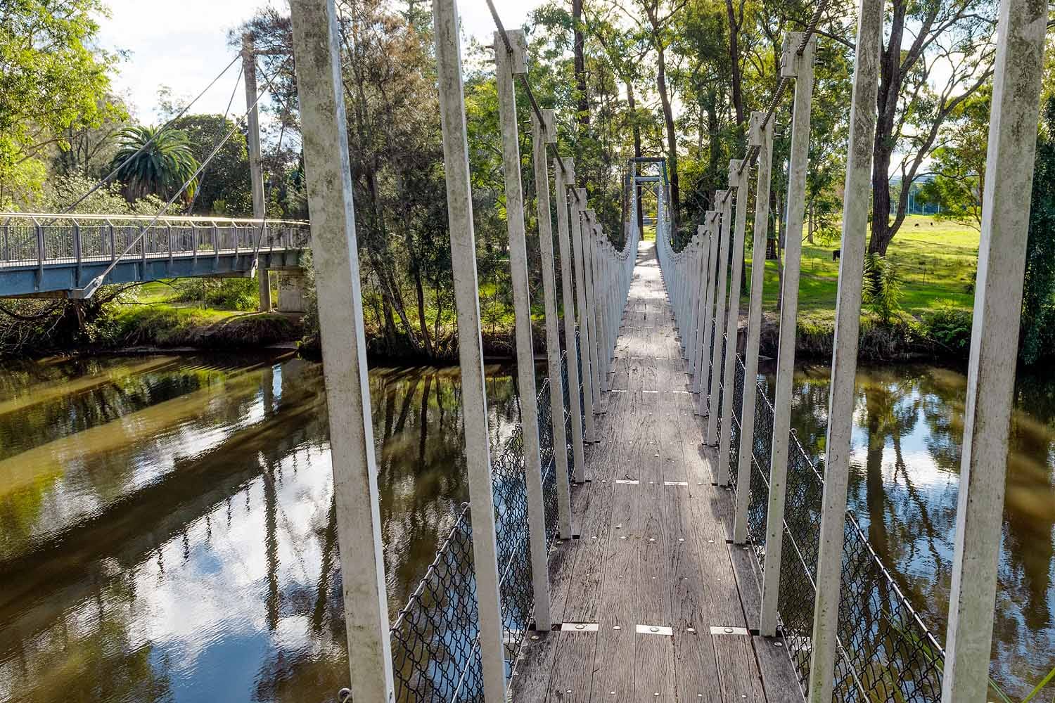 Sandy Creek Swing Bridge on the Cooranbong Swing Bridge Walk in Lake Macquarie NSW.