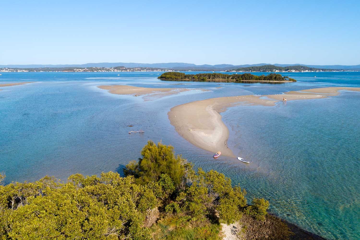Aerial view of the Pirrita Island Walk boardwalk winding through wetlands and mangroves on the edge of Lake Macquarie near Swansea.