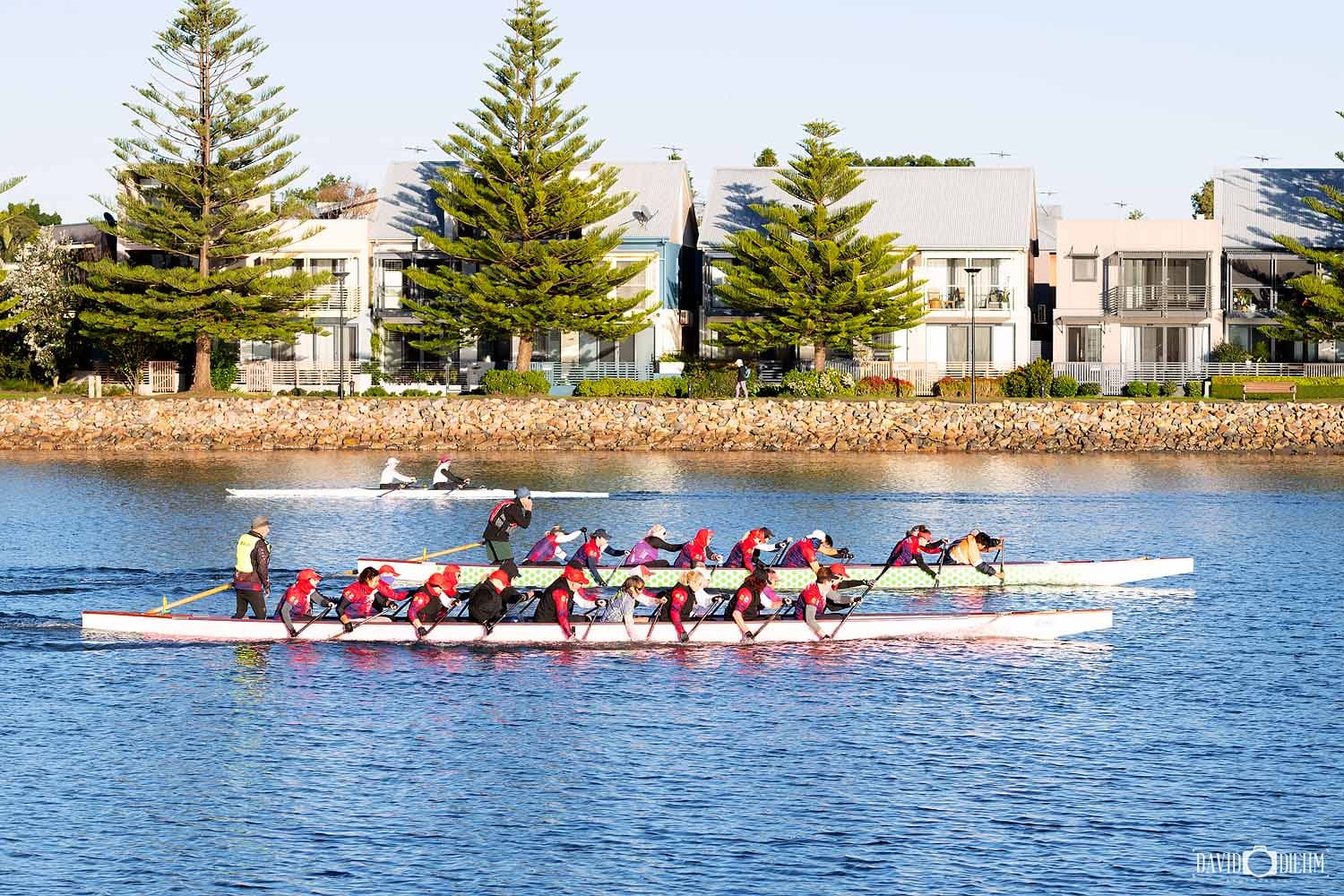 Dragon boats paddling along Throsby Creek during training near Carrington in Newcastle.