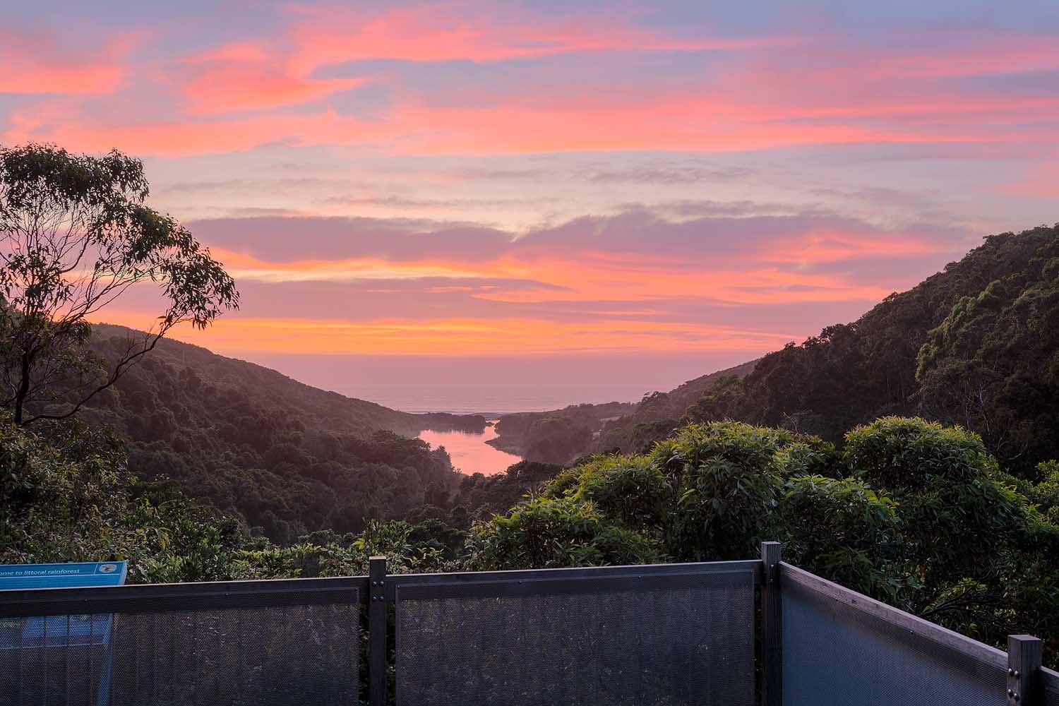 Glenrock Lagoon viewed from Yuelarbah Walking Track in Glenrock State Conservation Area, with rainforest-covered valleys leading to the Pacific Ocean at sunrise.