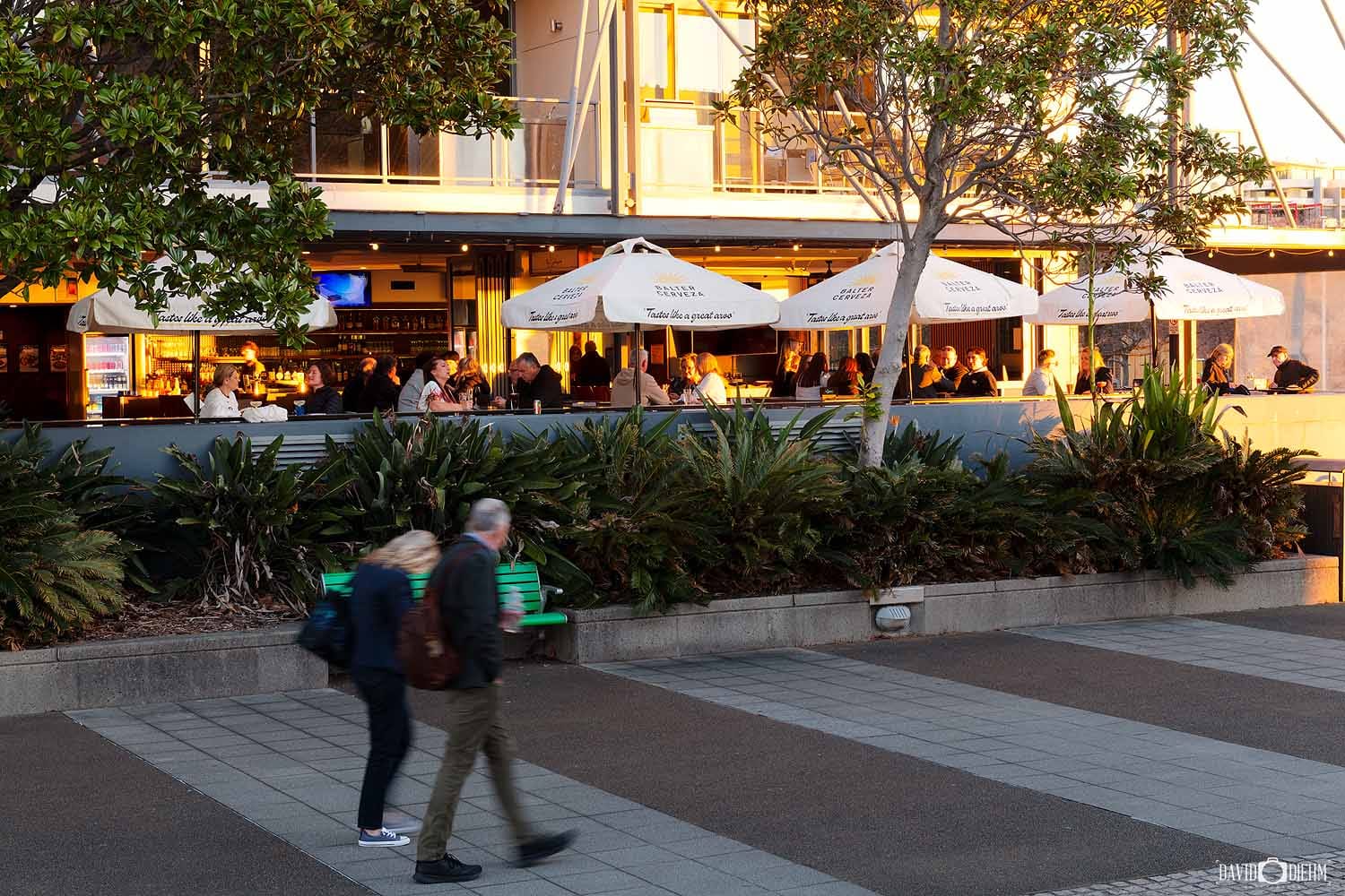 Outdoor cafés and restaurants along Honeysuckle Foreshore in Newcastle.