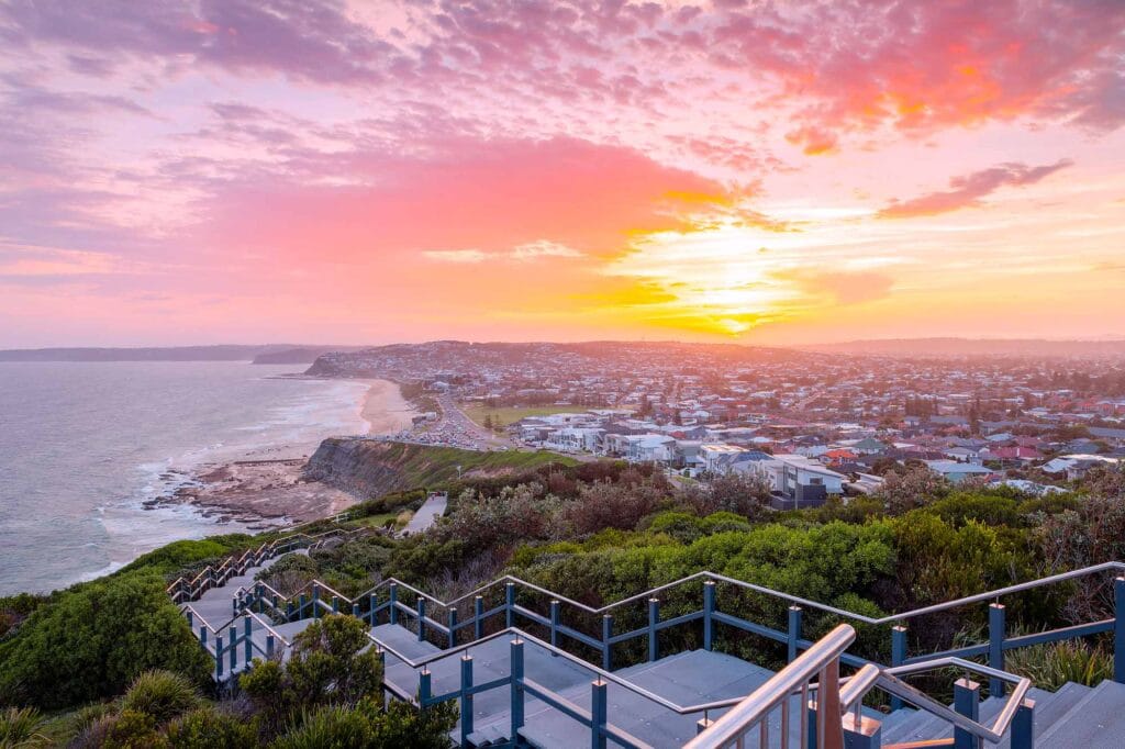 Panoramic view from one of the best lookouts in Newcastle NSW overlooking the coastline, beaches and city skyline.
