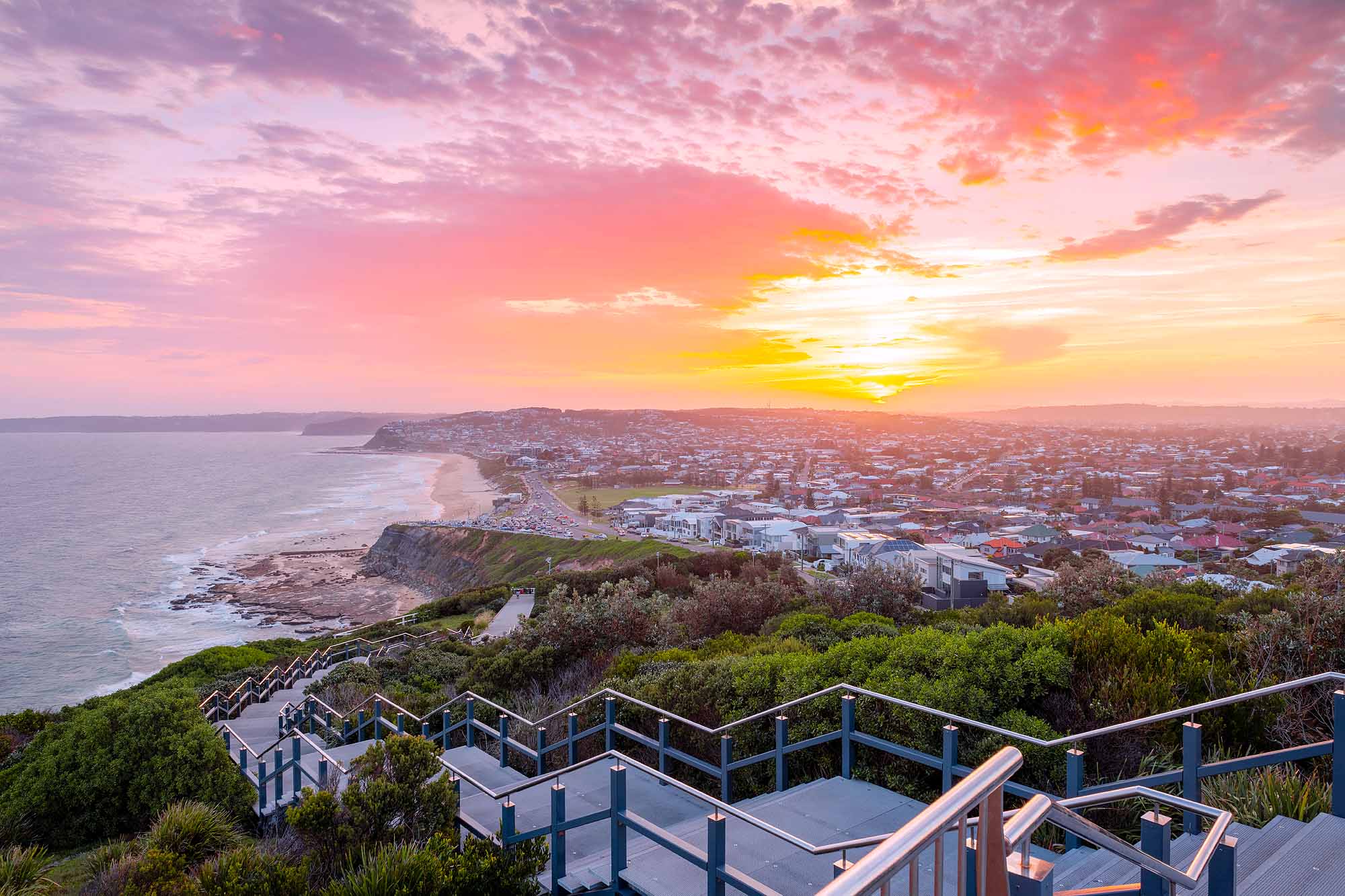 Panoramic view from one of the best lookouts in Newcastle NSW overlooking the coastline, beaches and city skyline.