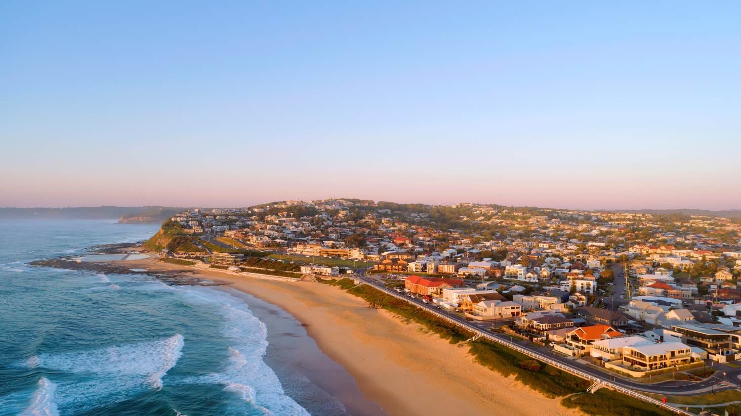 merewether-beach-aerial-newcastle.jpg Aerial view of Merewether Beach and coastline in Newcastle NSW at sunrise.
