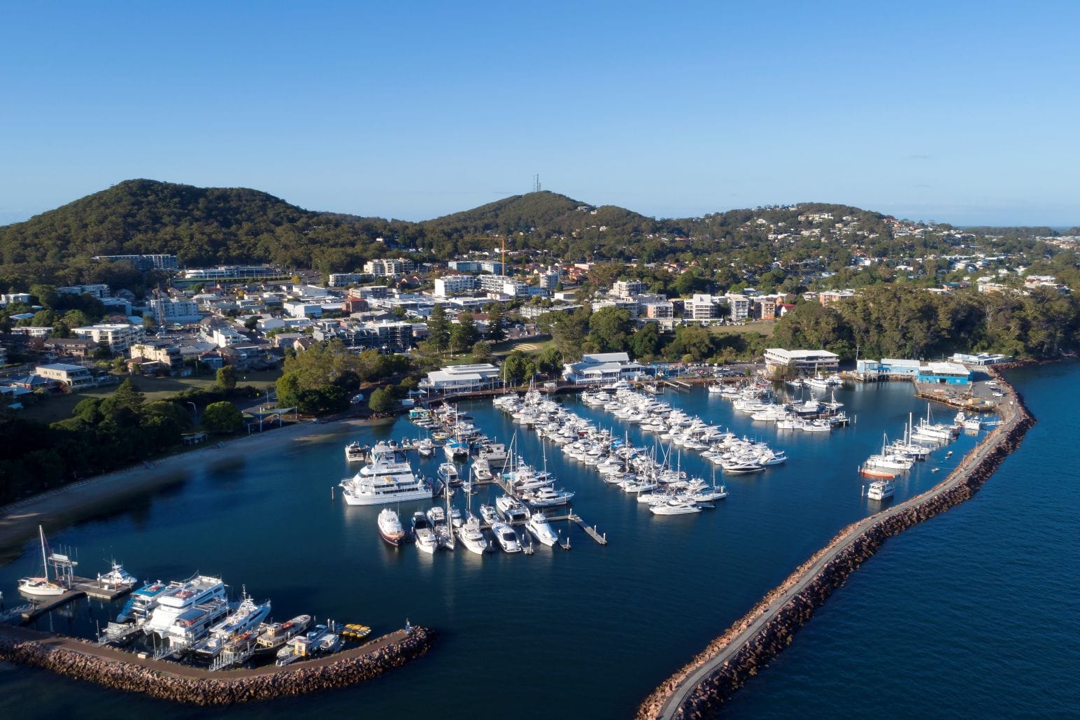 Aerial view of Nelson Bay Marina and waterfront precinct in Port Stephens NSW