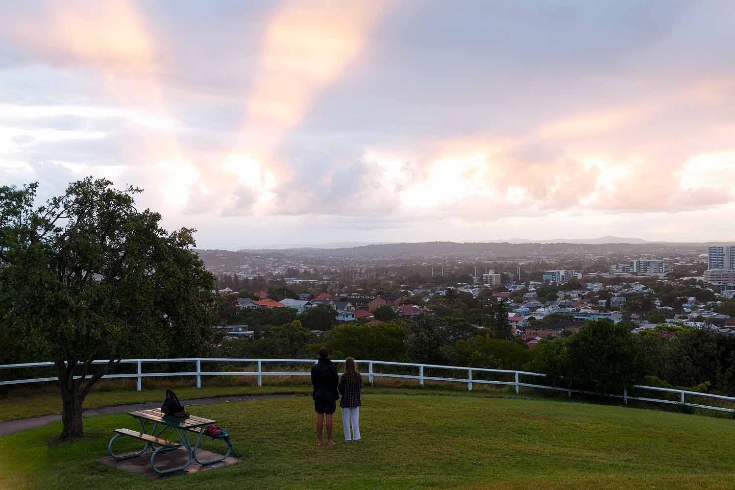 Sunset over Newcastle city viewed from The Obelisk lookout in Newcastle NSW.