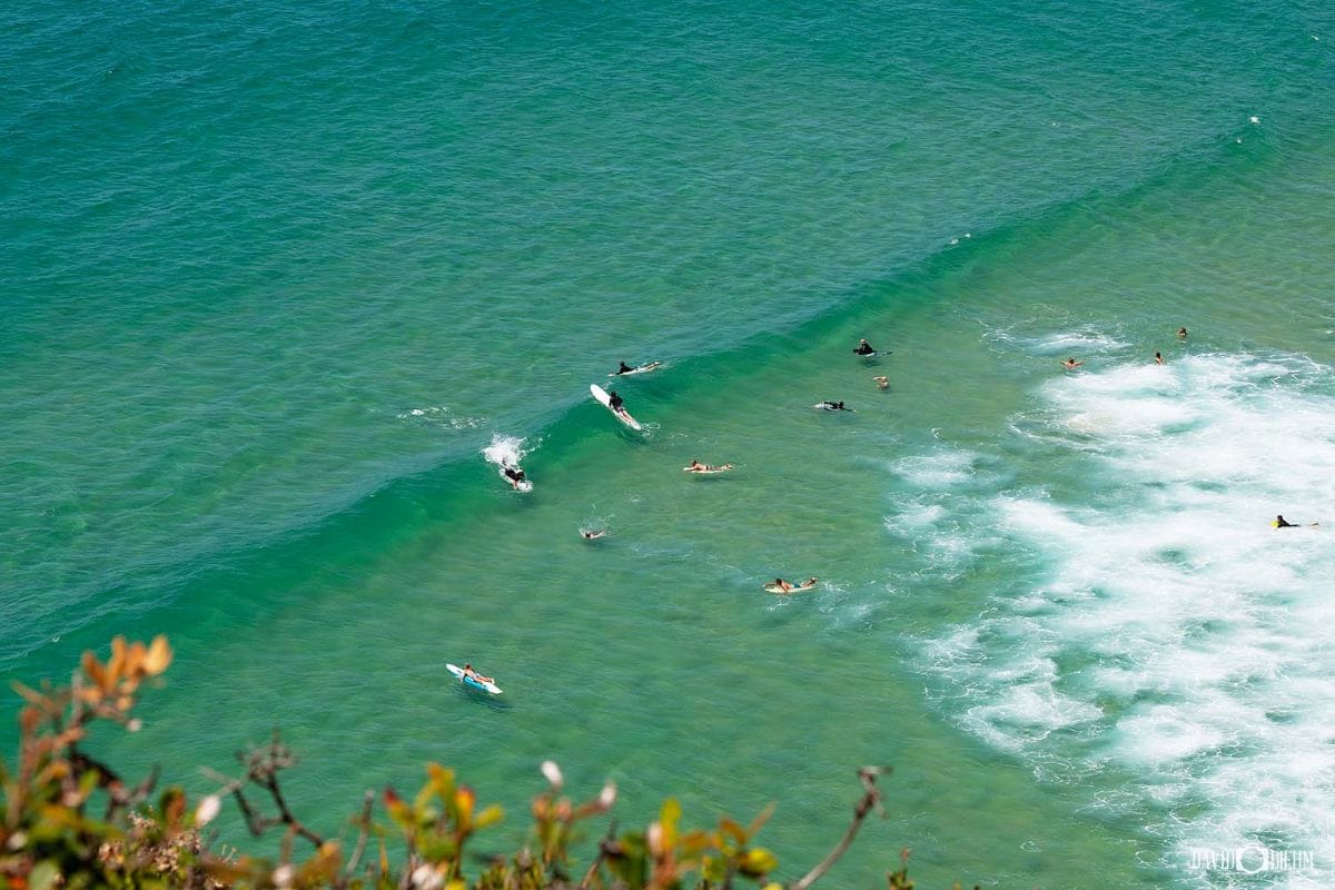 Redhead Beach surfers riding clean waves along the Lake Macquarie coastline viewed from Redhead Bluff Lookout