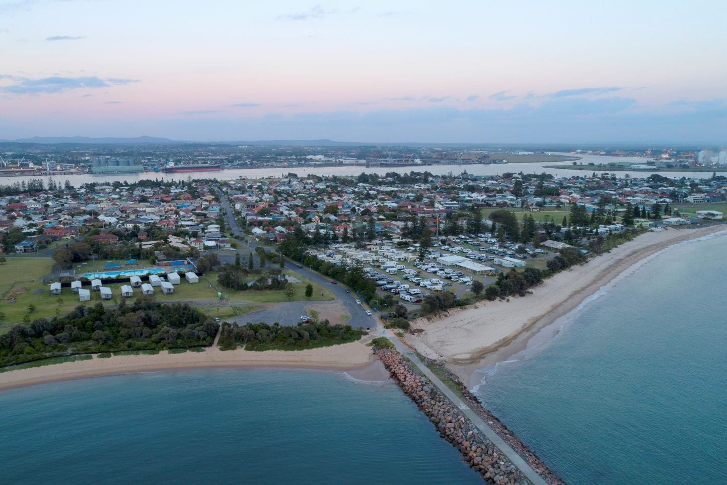 stockton-beach-newcastle-harbour-aerial.jpg Aerial view of Stockton Beach, Stockton township, Newcastle Harbour and the Hunter River at sunset in Newcastle NSW.