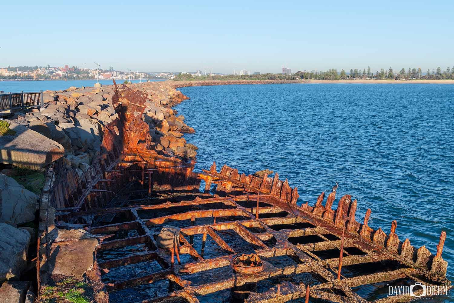 Remains of the Adolphe shipwreck beside the Shipwreck Walk on Stockton Breakwall, Newcastle.