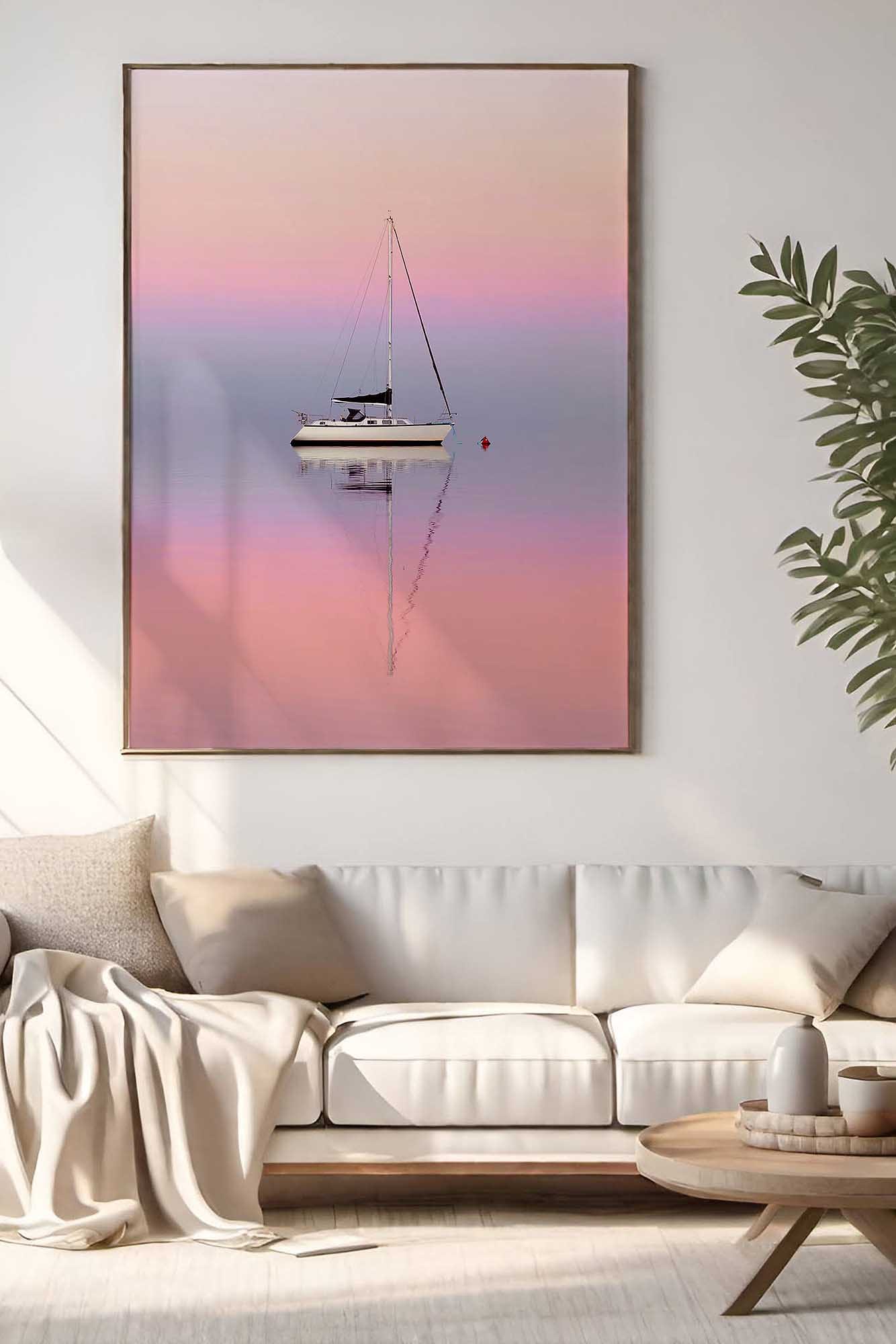 Belmont Lake Macquarie photography print featuring yachts and calm reflections displayed as wall art in a modern coastal interior