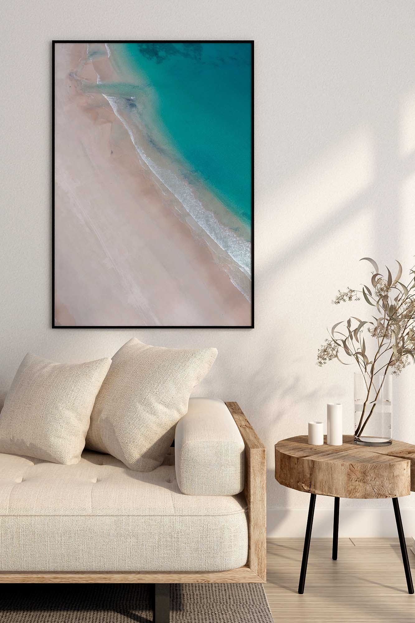 fingal-bay-aerial-beach-wall-art-framed-print.jpg Fingal Bay aerial beach photography print displayed as framed wall art in a coastal living room