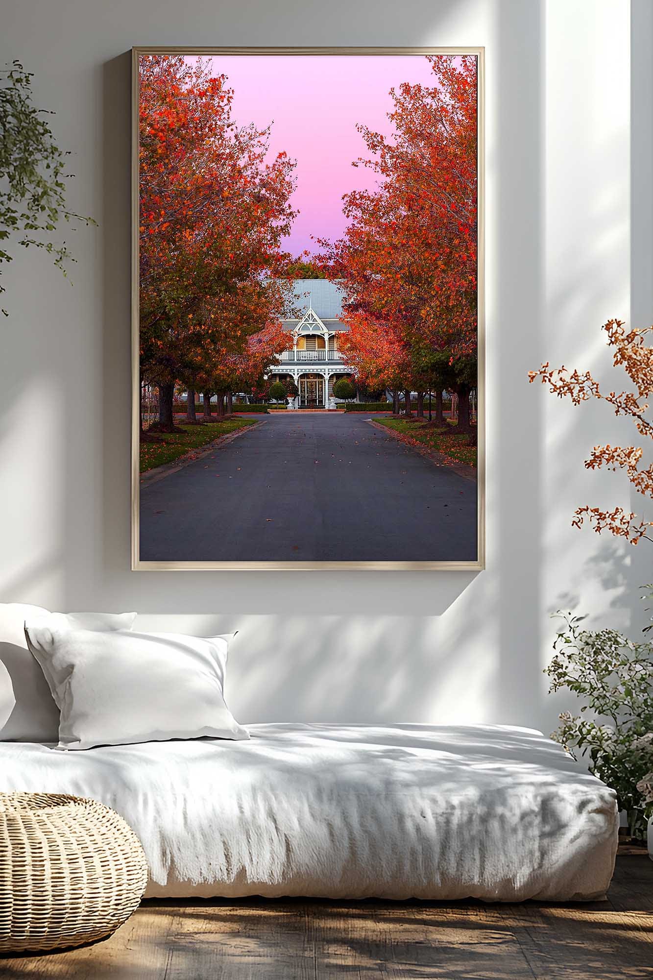 Hunter Valley photography wall art print featuring an autumn tree-lined country scene displayed in a modern interior
