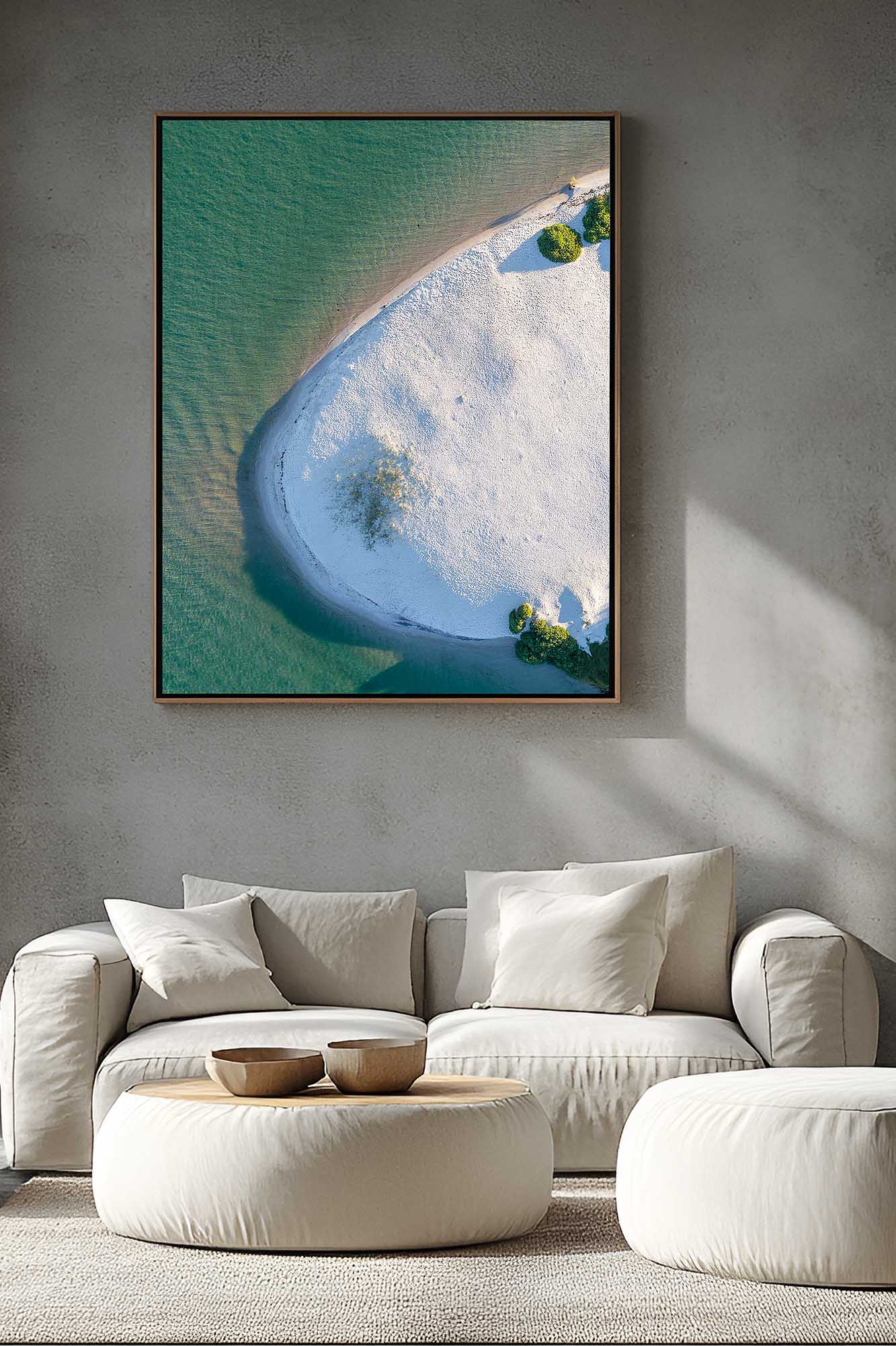 Aerial Lake Macquarie photography print displayed as wall art in a modern coastal living room