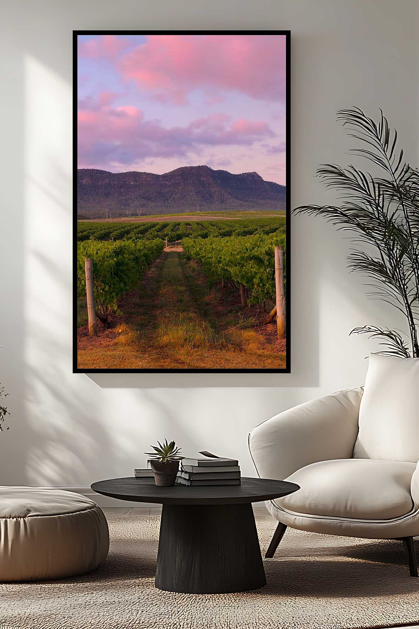 pokolbin-vineyard-hunter-valley-photography-print.jpg Pokolbin vineyard photography in the Hunter Valley with mountain backdrop and colourful sky displayed as framed wall art