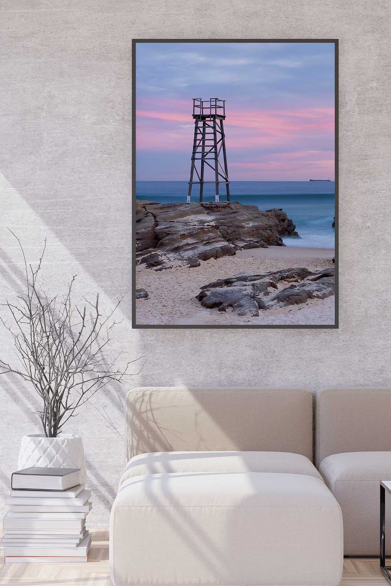 Redhead Beach photography print featuring the iconic shark tower at sunrise displayed as coastal wall art