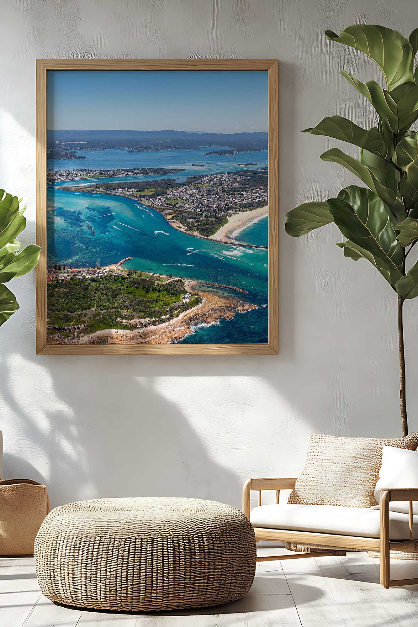 Swansea Lake Macquarie aerial photography print showing the channel and coastline displayed in a coastal interior