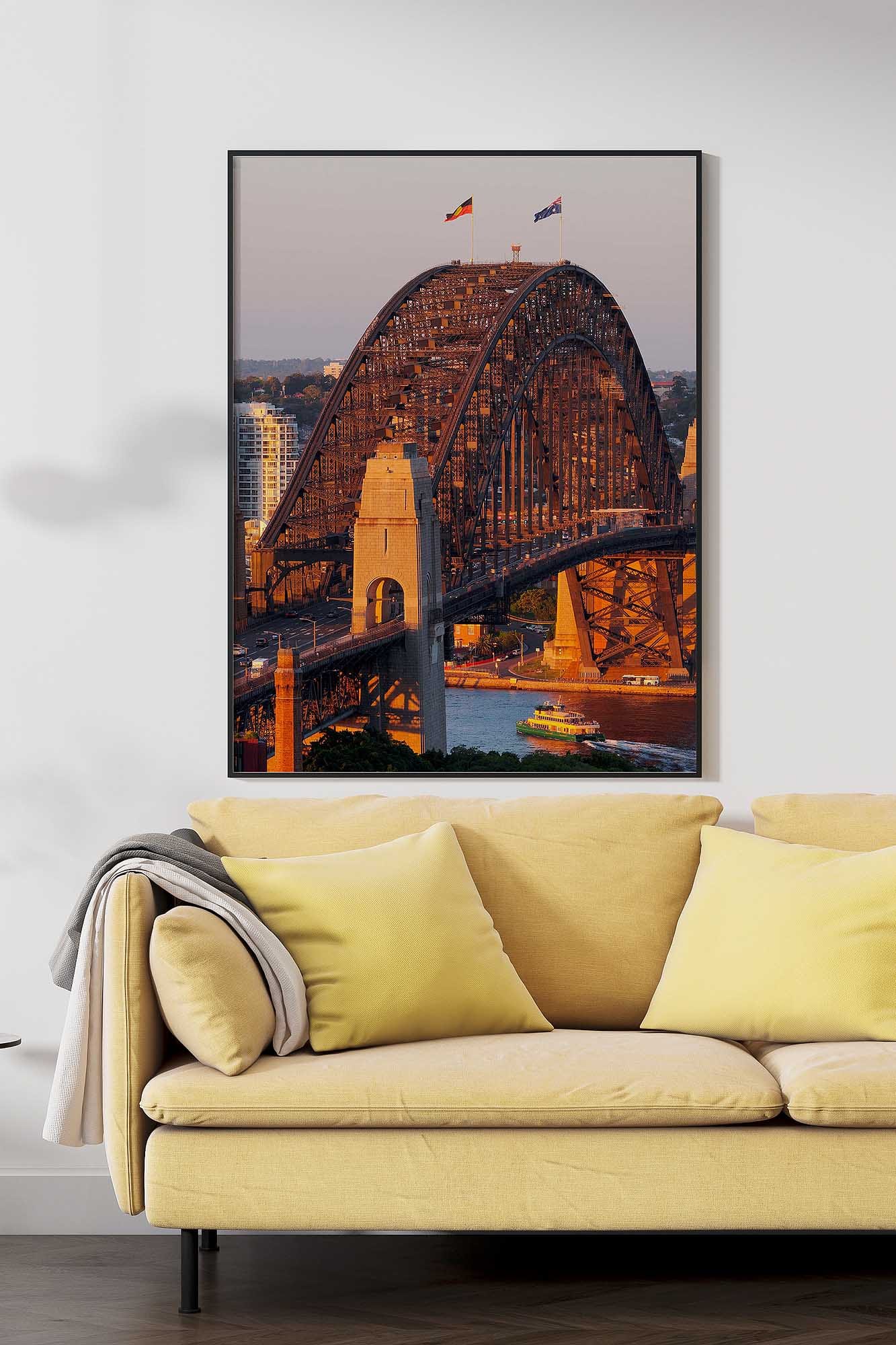 Sydney photography wall art print featuring the Sydney Harbour Bridge displayed above a sofa