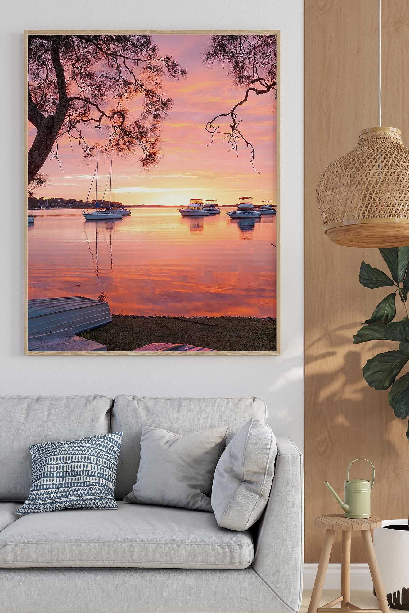 Wangi Wangi Lake Macquarie sunset photography print with boats and colourful reflections displayed in a living room