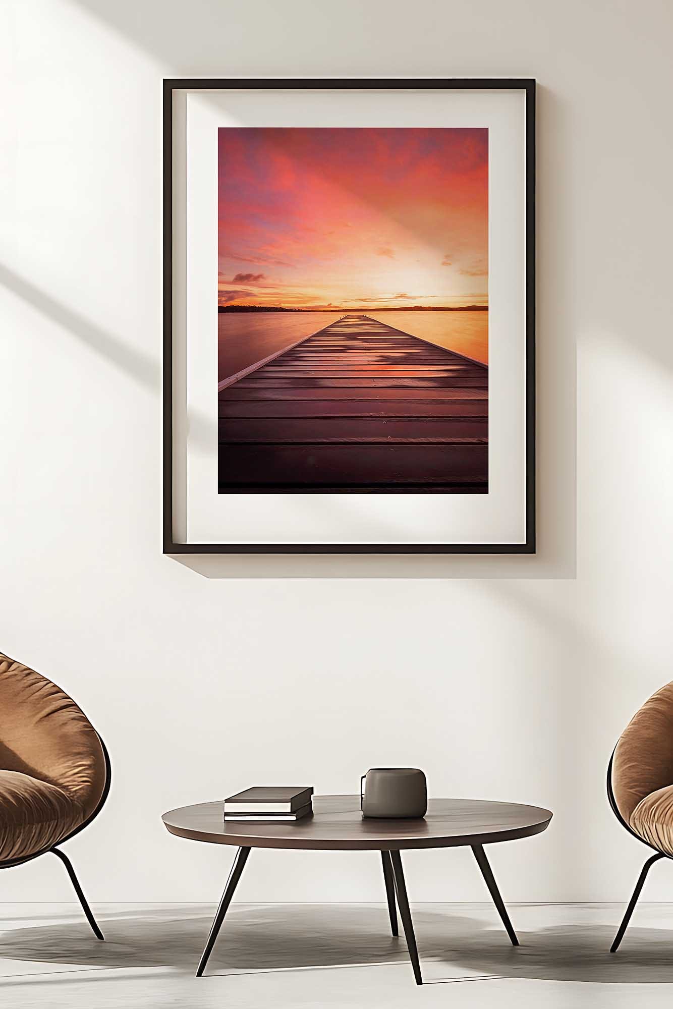 Warners Bay Lake Macquarie sunset photography print featuring a jetty beneath a colourful sky displayed as framed wall art