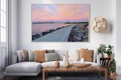 Stockton Breakwall sunrise photography print displayed as coastal wall art.